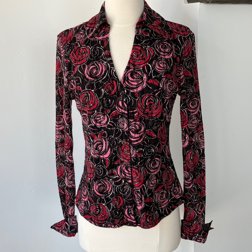 Vintage INC Black Pink Red rose lace Floral Button Down Shirt